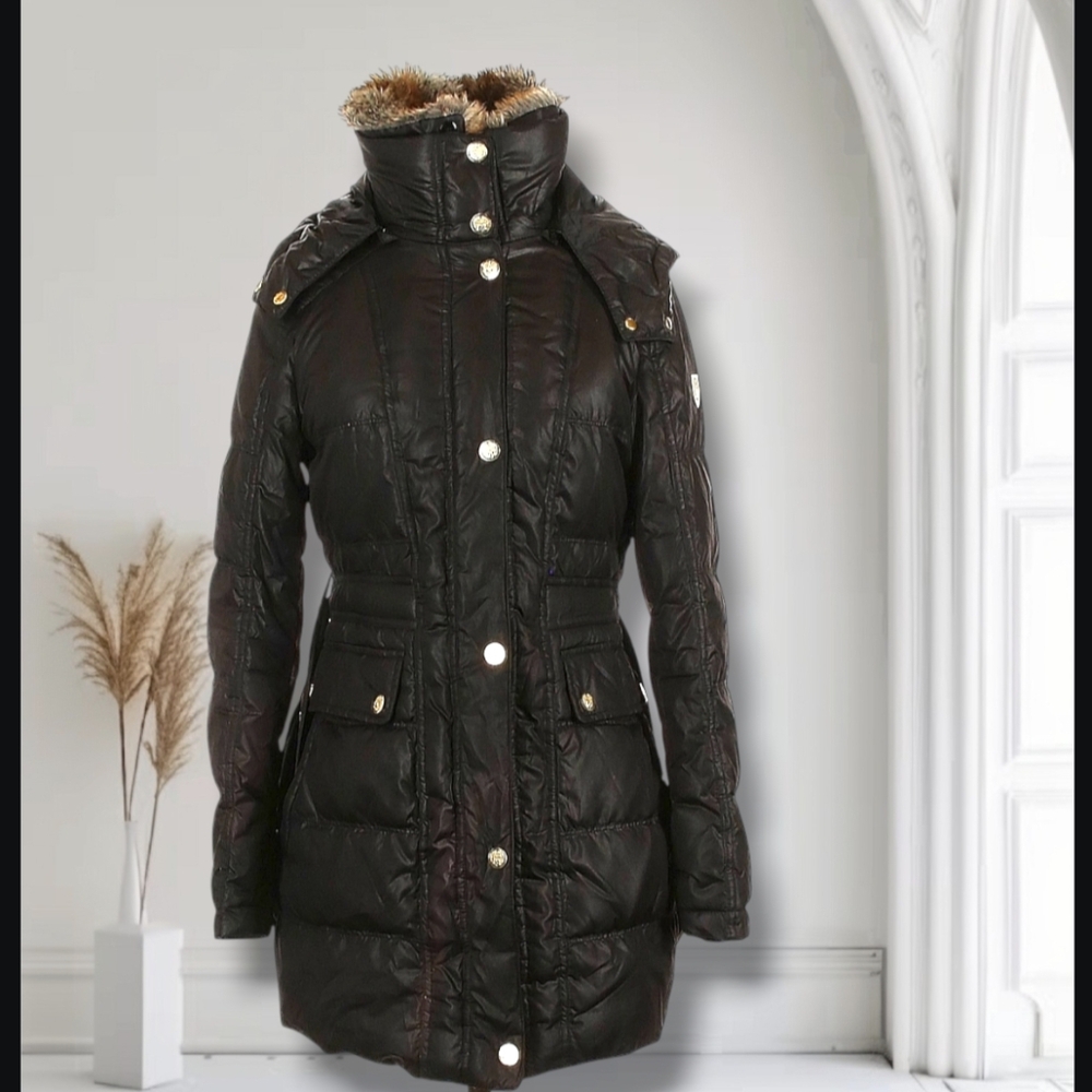 Vince Camuto Fur Trim Hooded Down Parka Coat Belted